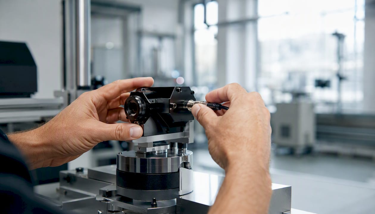 Hands adjusting industrial sensor on-site