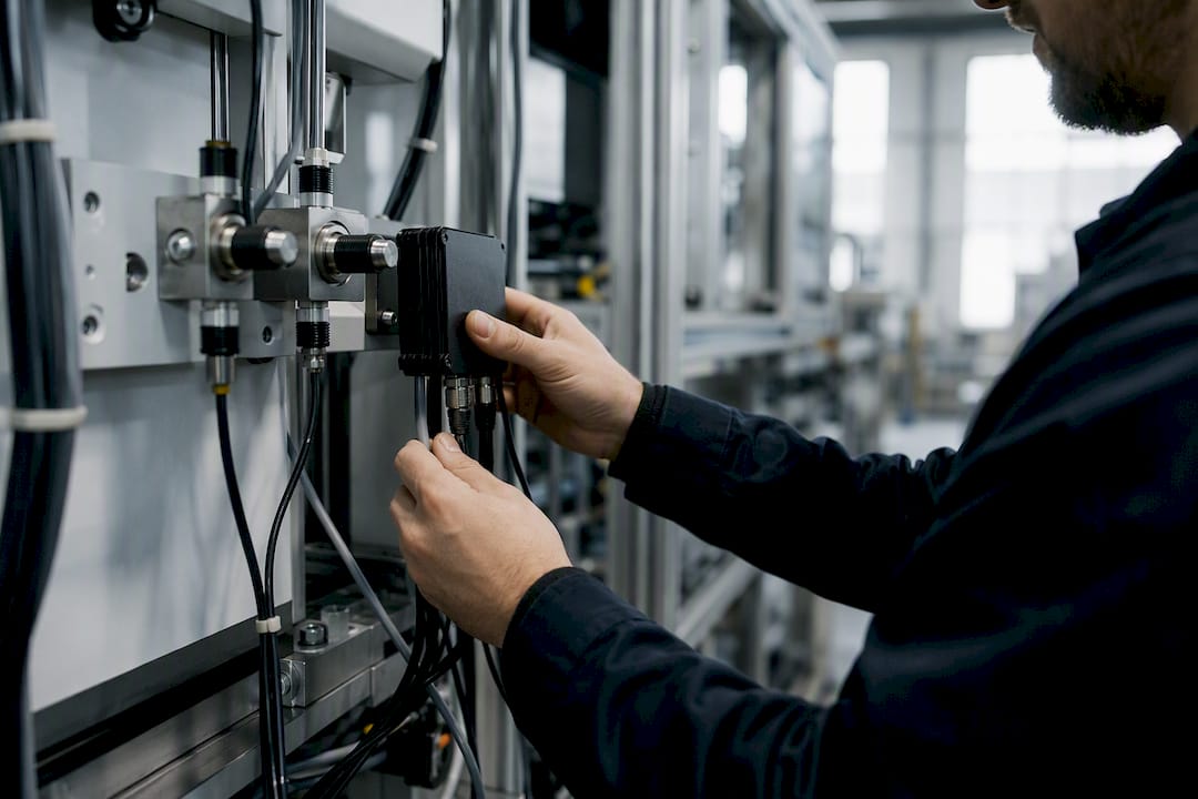 Hands attaching edge computing device near sensors