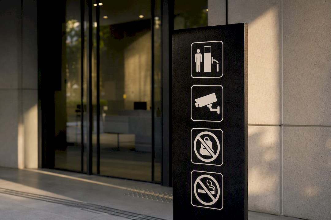 Minimalist security signage near entrance door