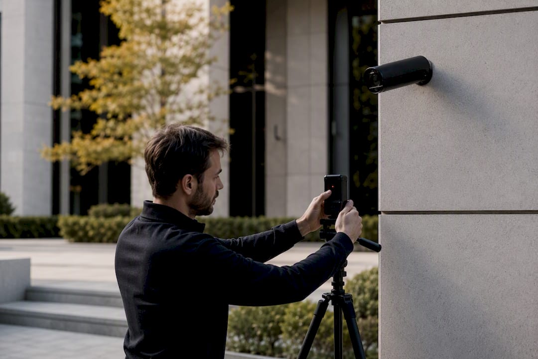Technician measuring security camera mounting height