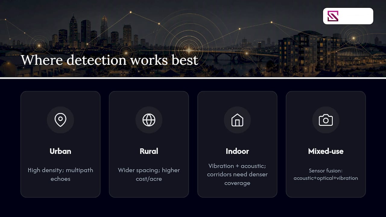 Where Gunshot Detection Works Best: Urban, Rural, Indoor, Outdoor — overview diagram