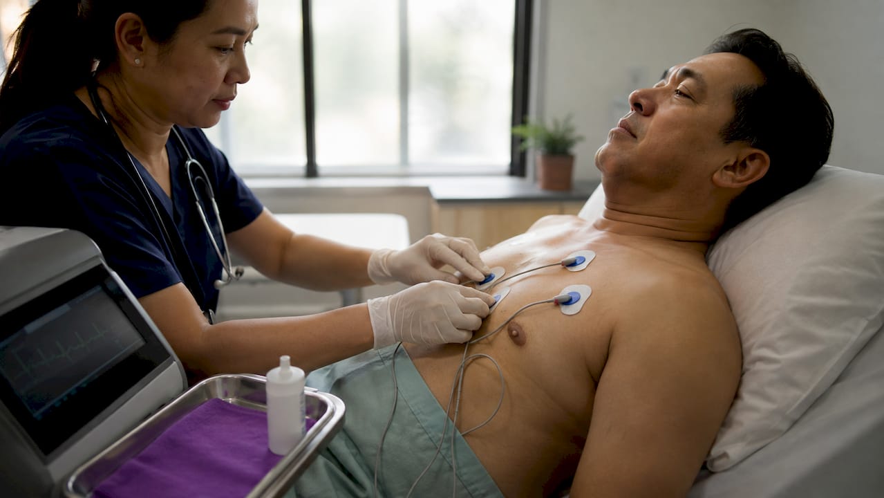 Clinician placing ECG leads during checkup