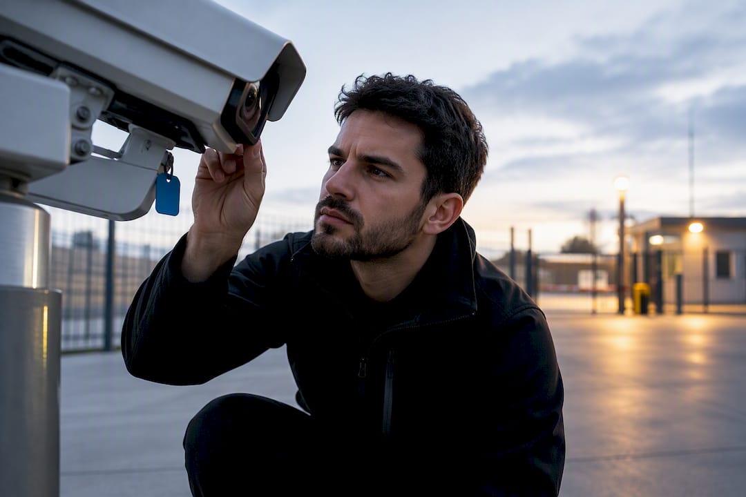 Engineer inspecting perimeter camera sensor