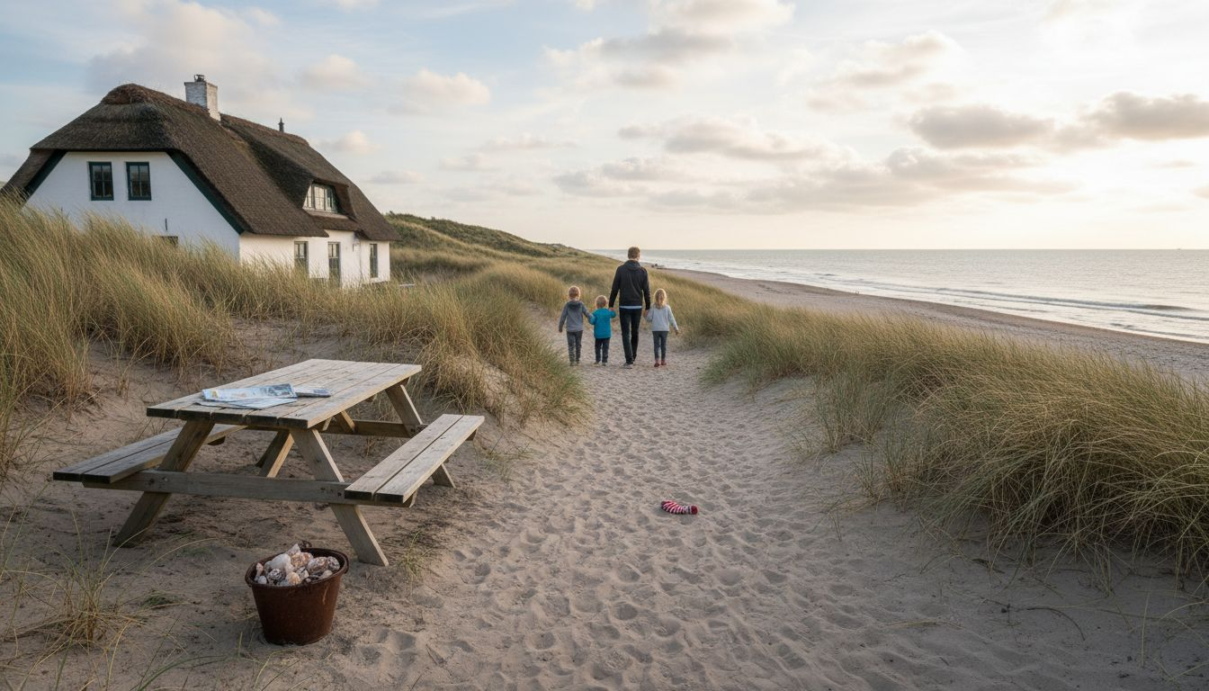 Vanuit hun vakantiehuisje midden in de duinen maakt het gezin een ontspannen wandeling.