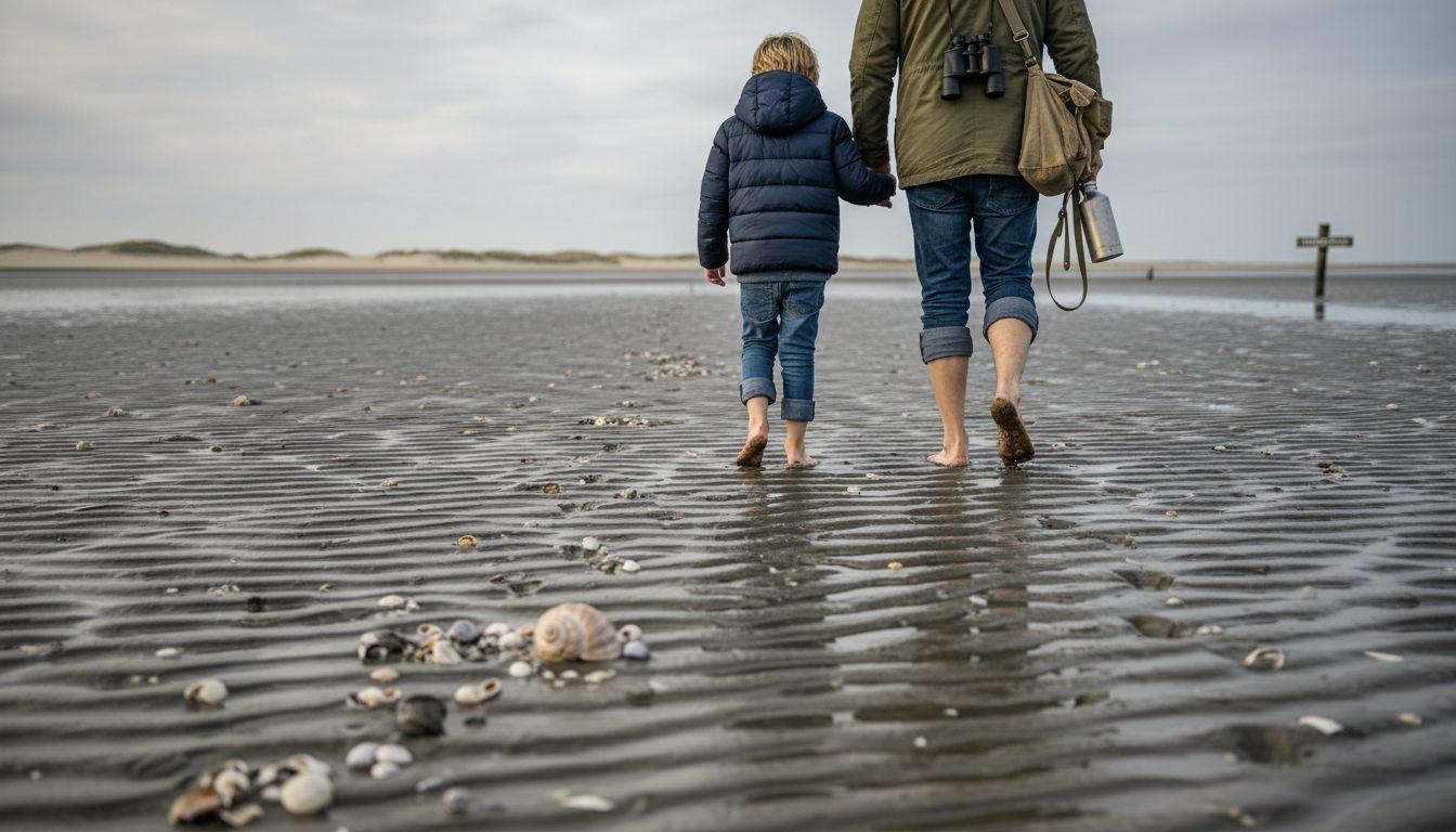 Een vader wandelt samen met zijn kind over het wad tijdens laagwater.