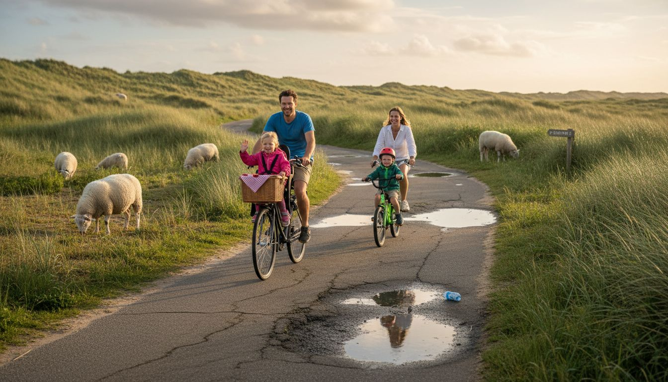 Een gezin maakt een fietstocht langs de duinen op Ameland.
