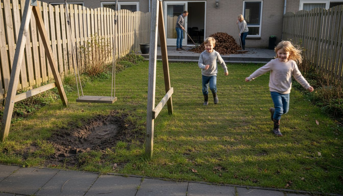 De kinderen kunnen onbezorgd buiten spelen in de afgesloten tuin.