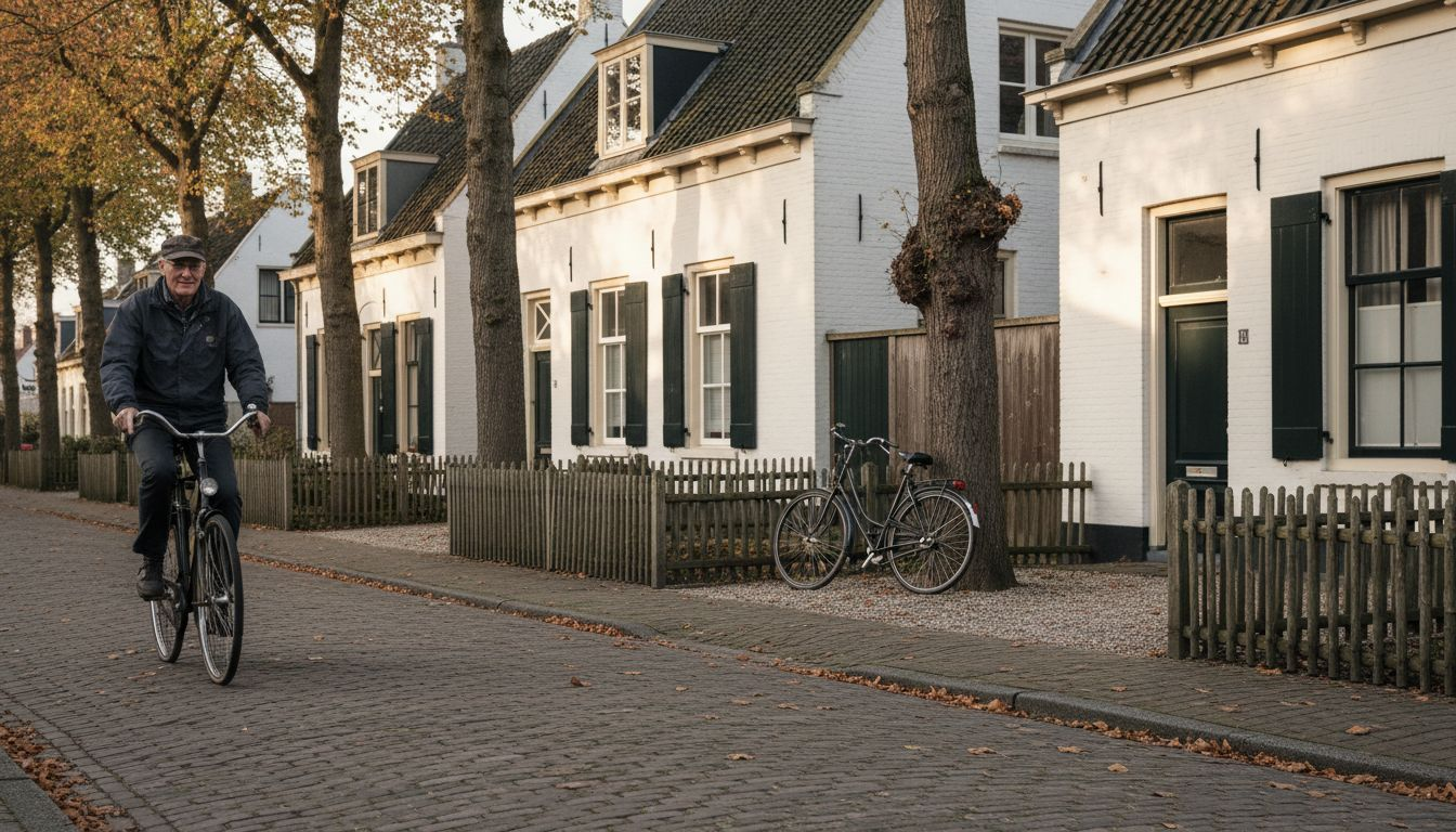 Een fietser rijdt langs het commandeurshuis in Hollum op Ameland.