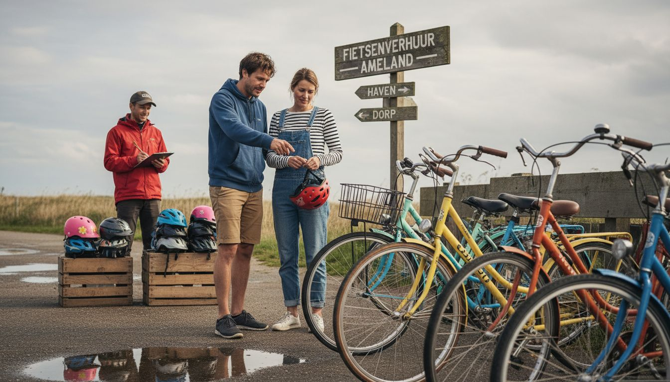 Een stel huurt fietsen bij de haven van Ameland, klaar om het eiland te verkennen.