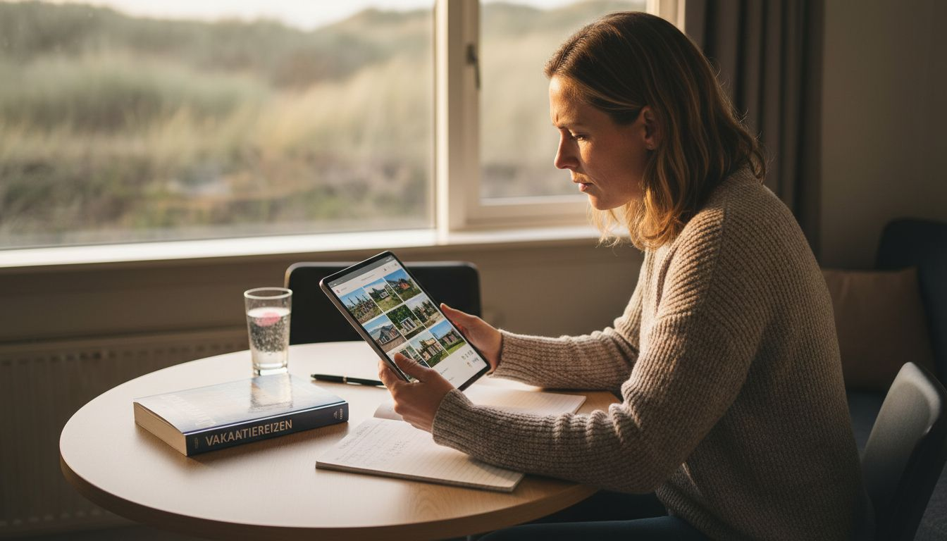 Vrouw zoekt en vergelijkt vakantiehuizen op haar tablet