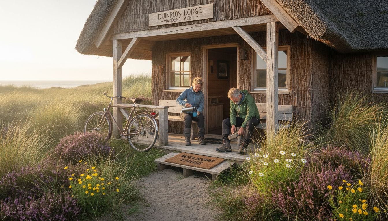 Wandelaars genieten van hun rustmoment op de veranda van een duurzame lodge.