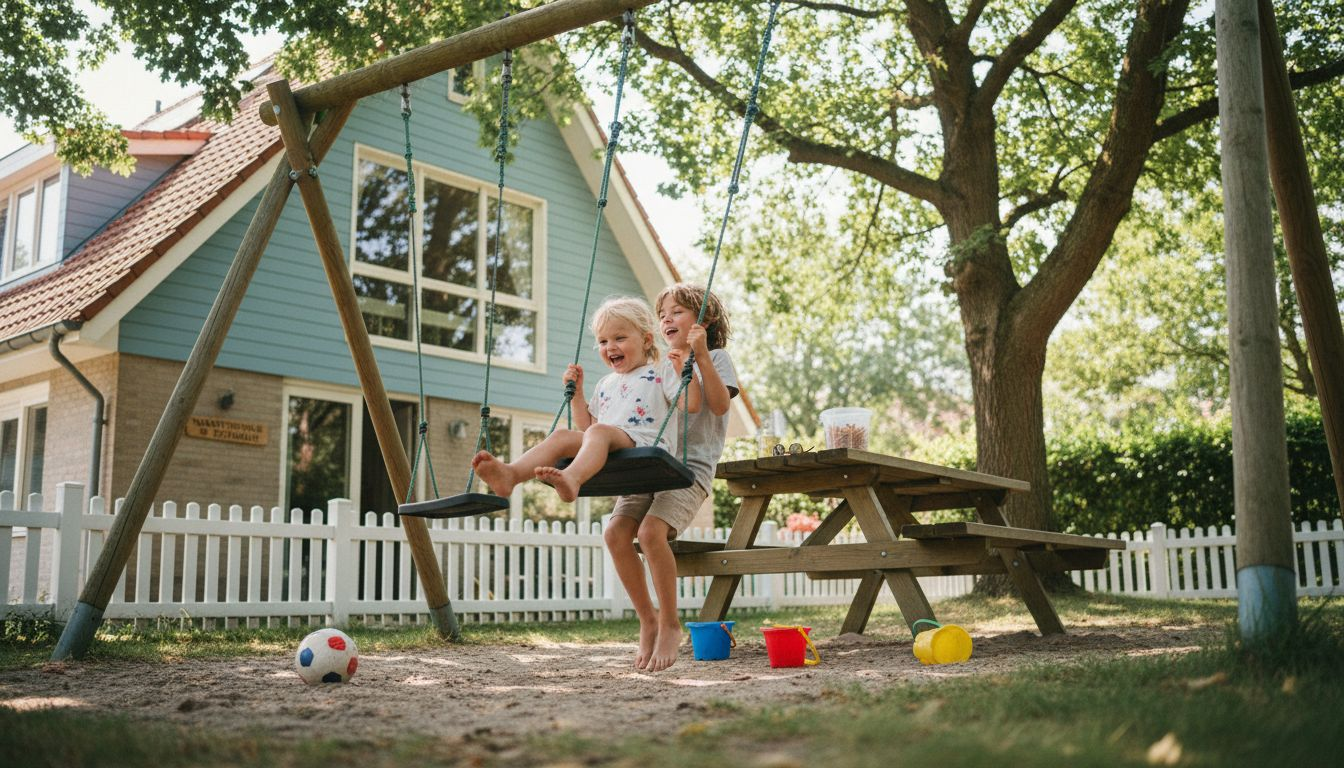 Bij het vakantiehuis vermaken de kinderen zich volop op de speeltoestellen.