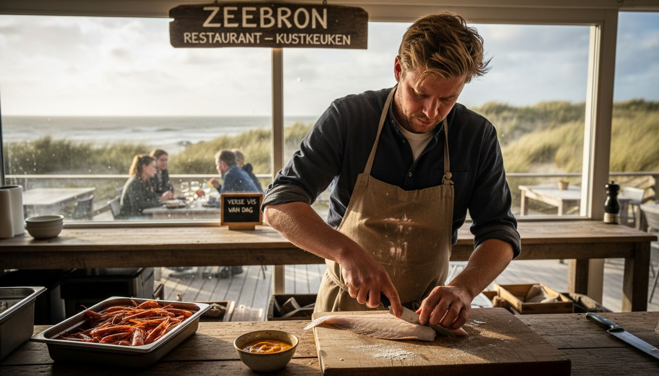 In een sfeervol strandpaviljoen staat de chef druk in de open keuken om net gevangen vis te bereiden.