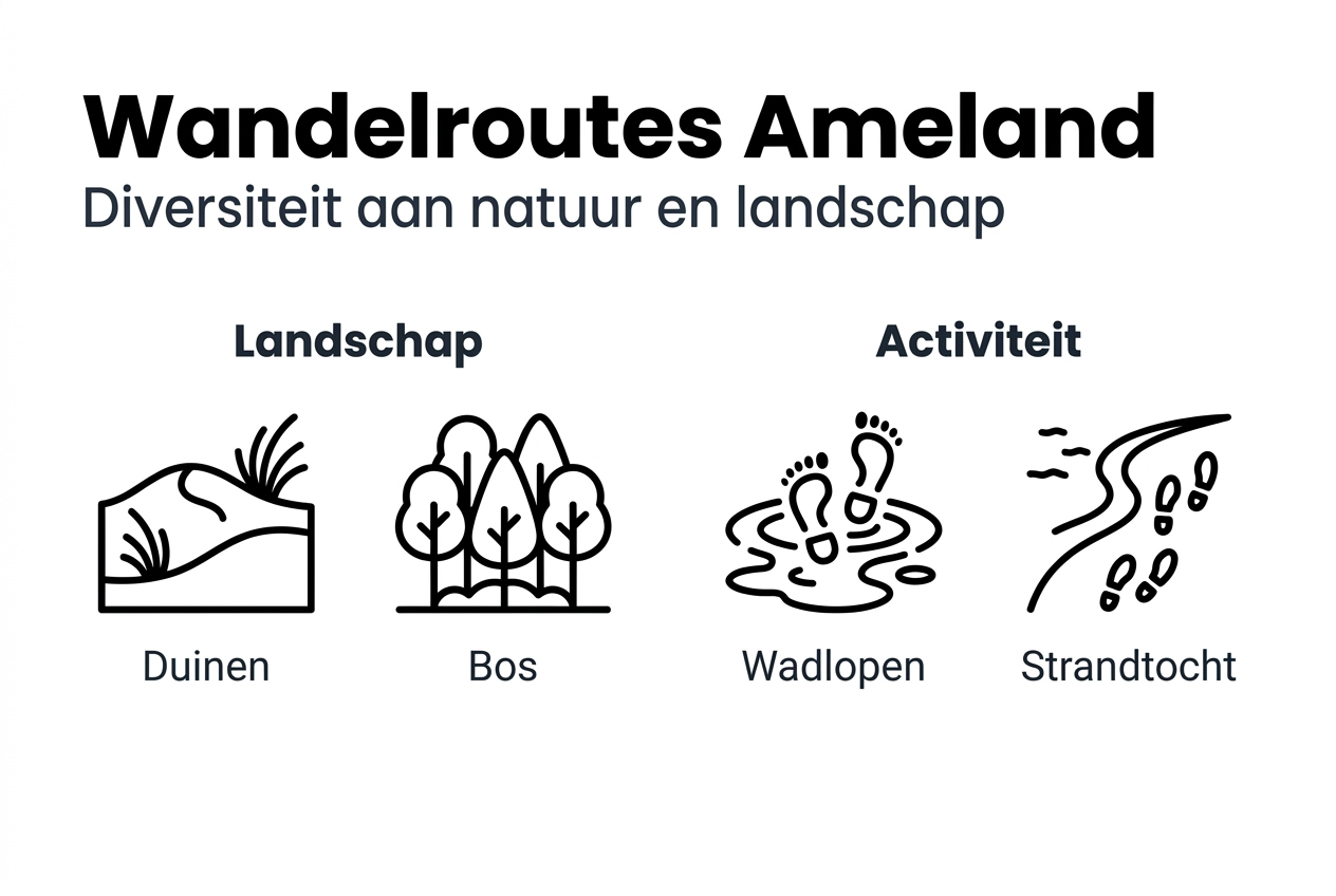 Overzichtelijke infographic met de mooiste wandelroutes op Ameland