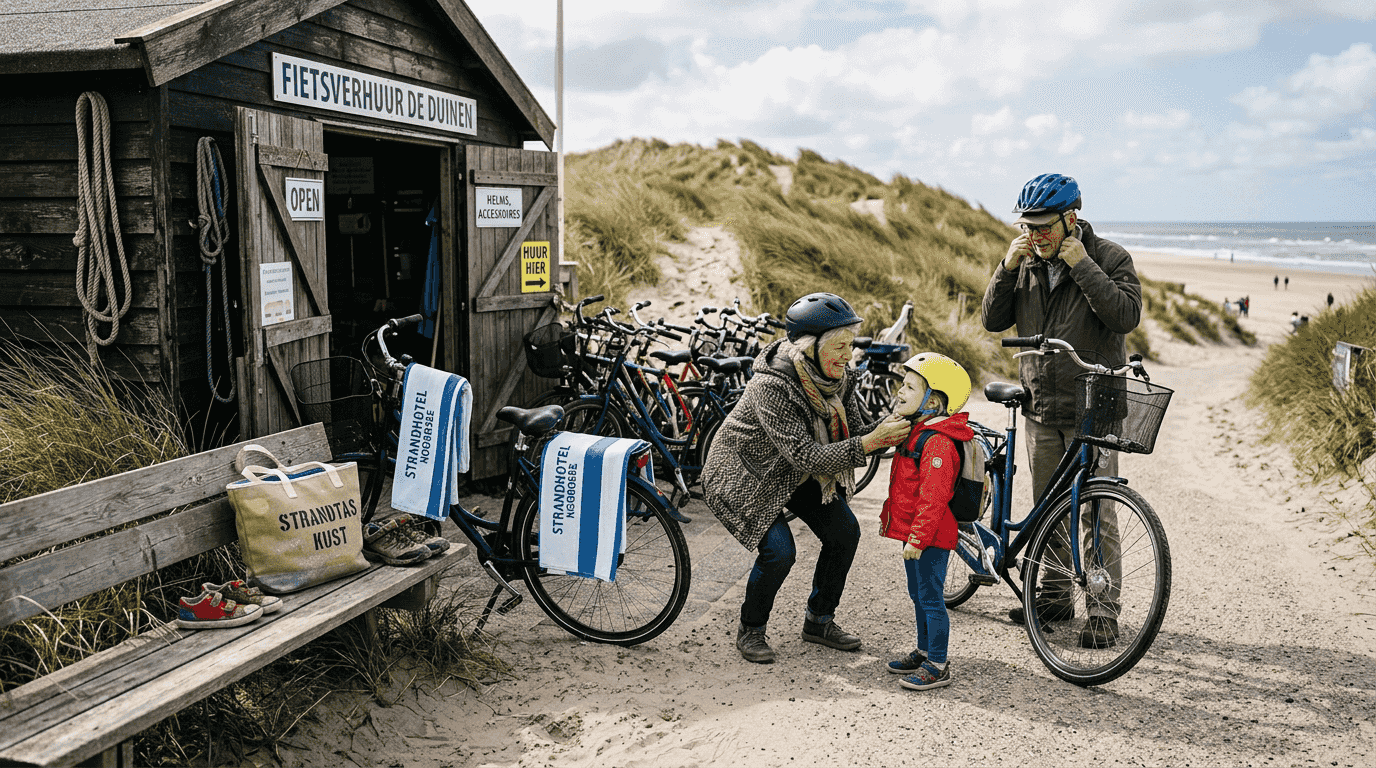 Resortgasten staan klaar om een fiets te huren bij de duinen.