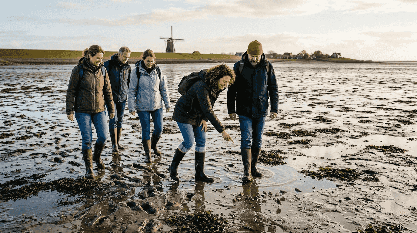 Met een groep samen het wad oversteken en door de modderige zeebodem wandelen