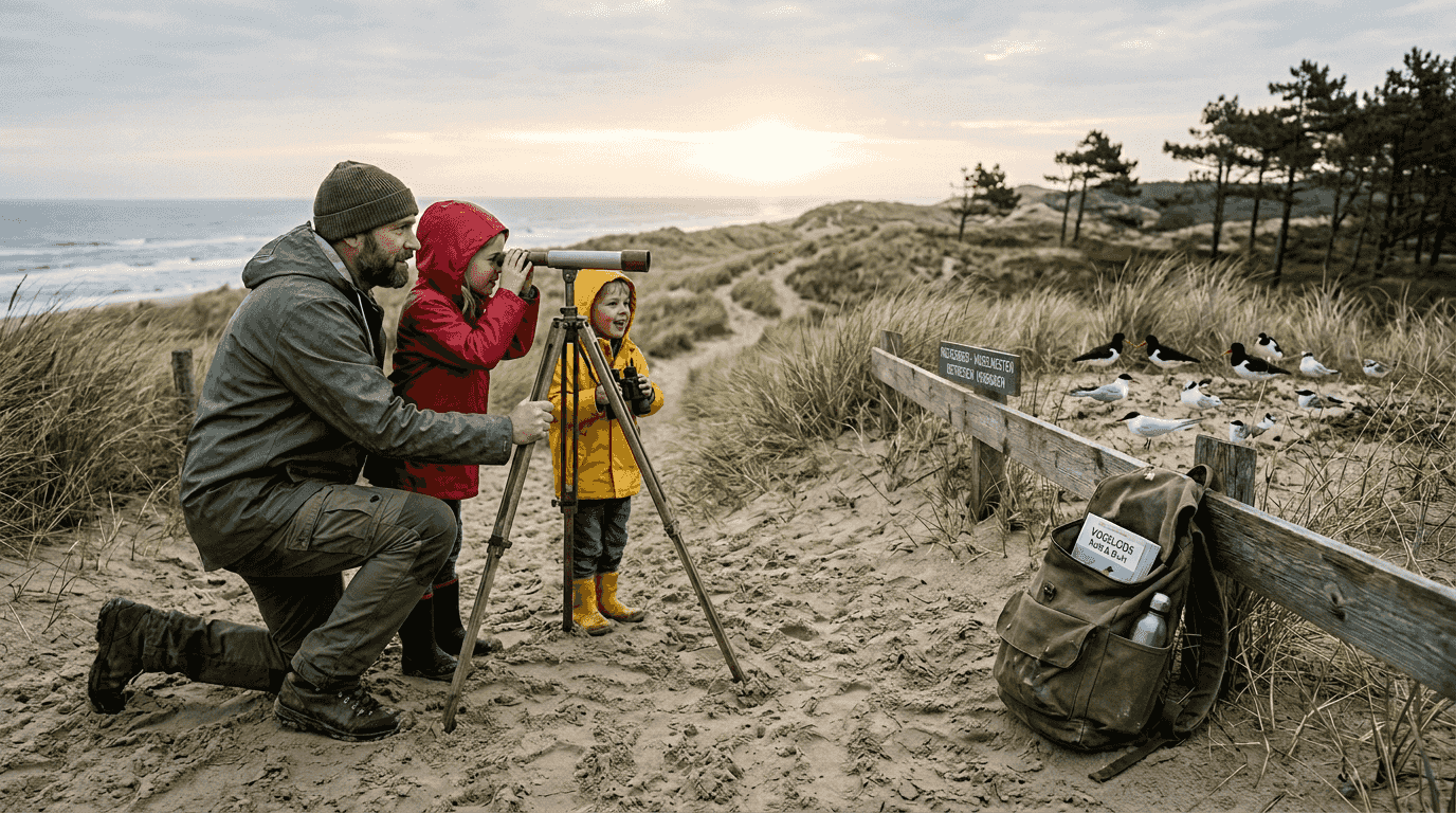 Een gezin spot vogels tijdens een wandeling door de waddenduinen.