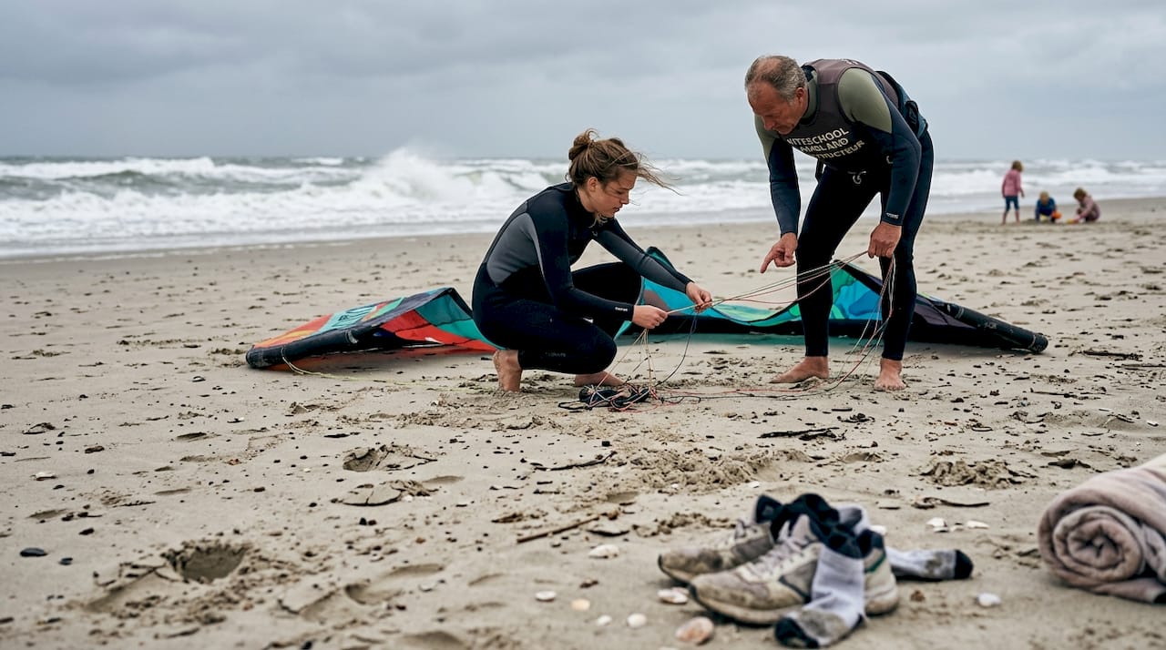 Een kitesurfer maakt zich klaar op het strand.