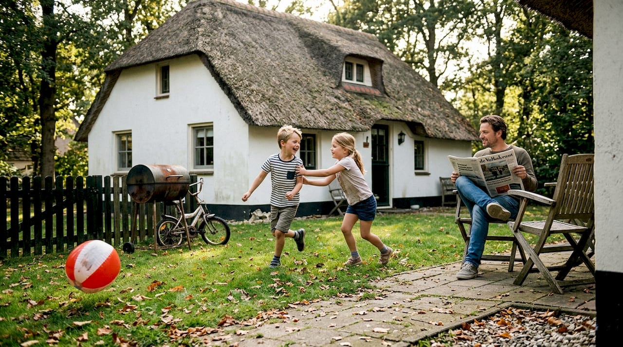 Kinderen vermaken zich heerlijk in de tuin bij het vakantiehuisje.