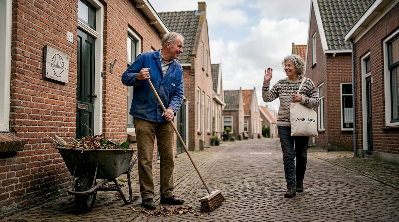 Terwijl een man de straat in het dorp op Ameland aan het vegen is, zwaait zijn buurvrouw vriendelijk naar hem.