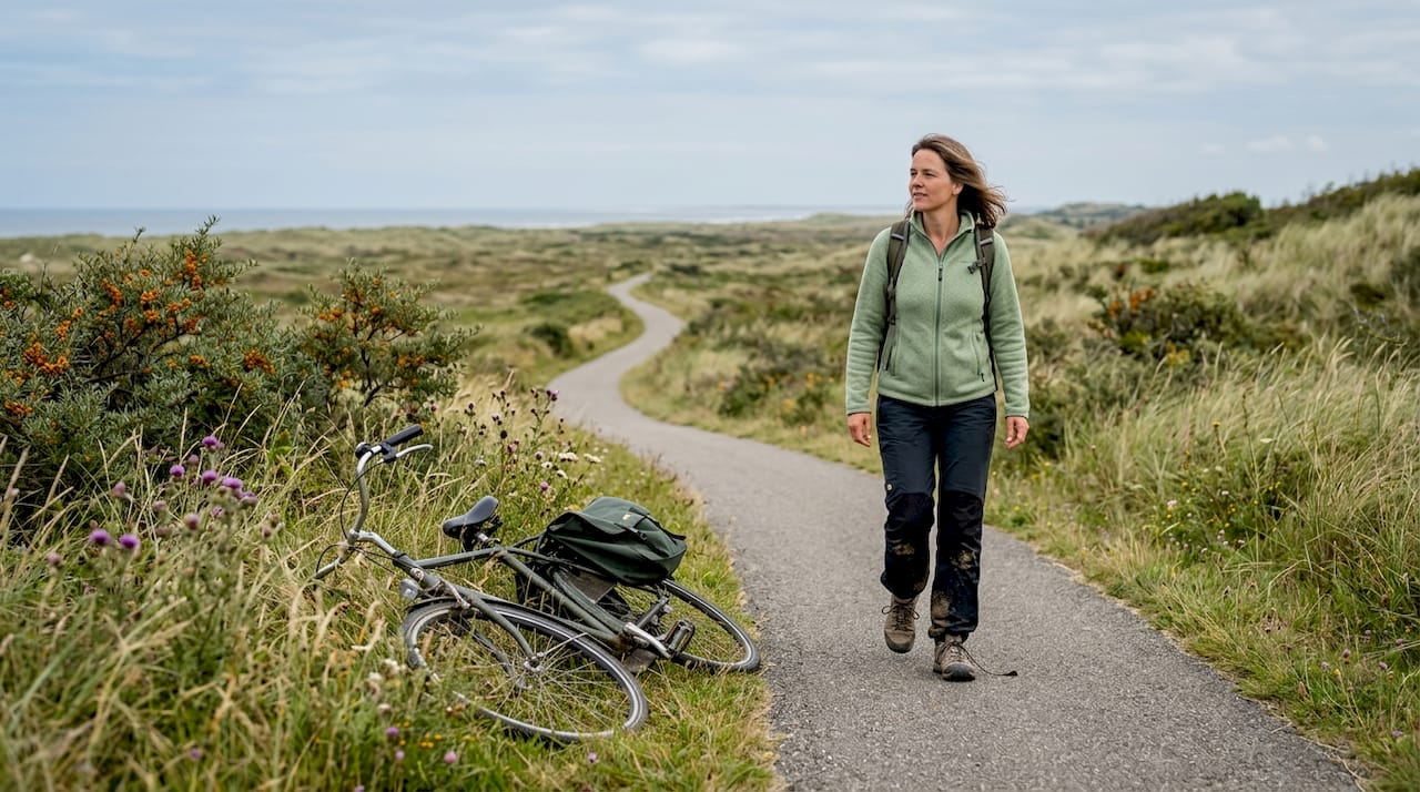 Een vrouw maakt een wandeling langs het fietspad door de duinen.