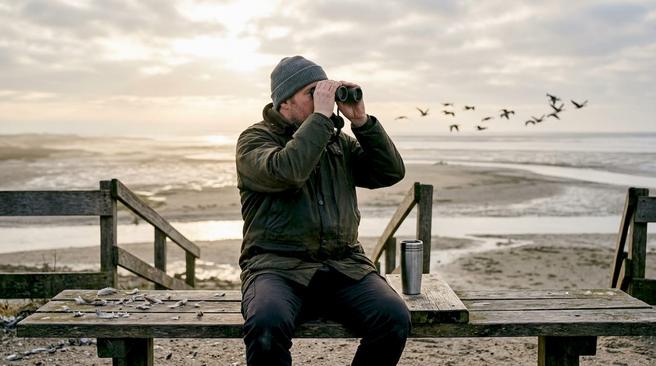 In alle vroegte staat een man te kijken over het stille wad, terwijl de ochtend nog in diepe rust is gehuld.