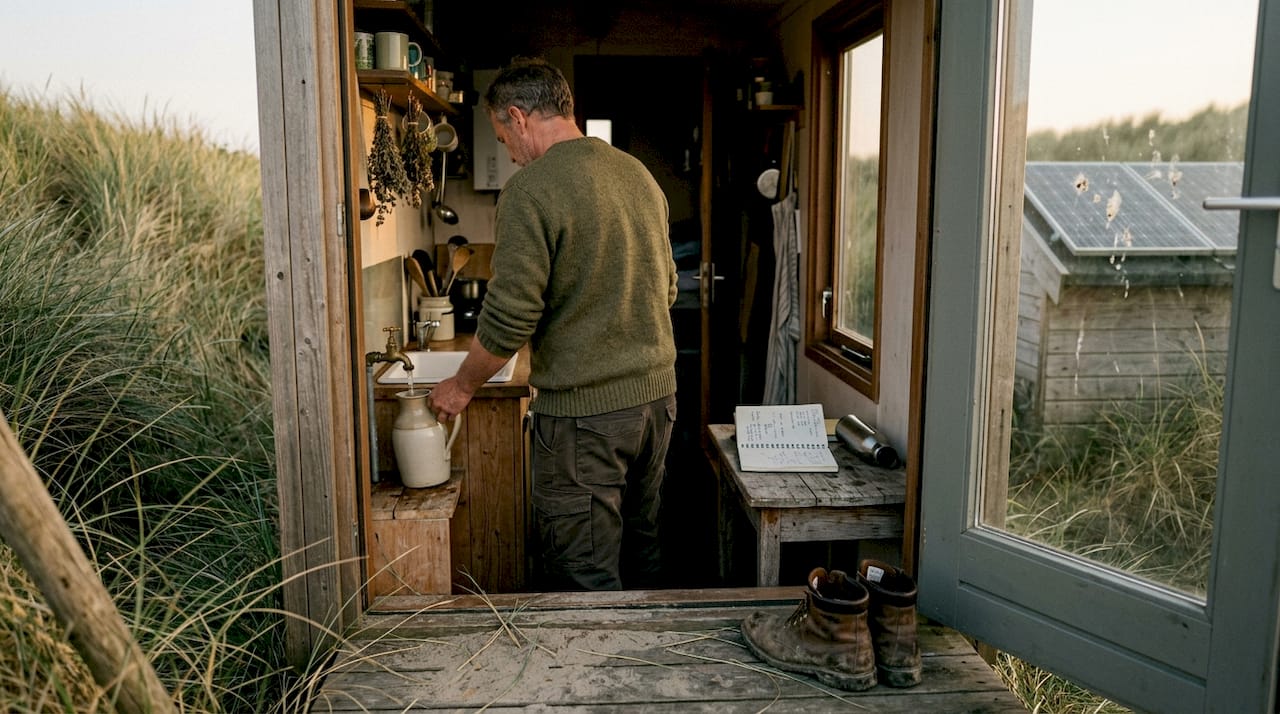 Een man in een zelfvoorzienend huisje vult zijn waterfles bij.