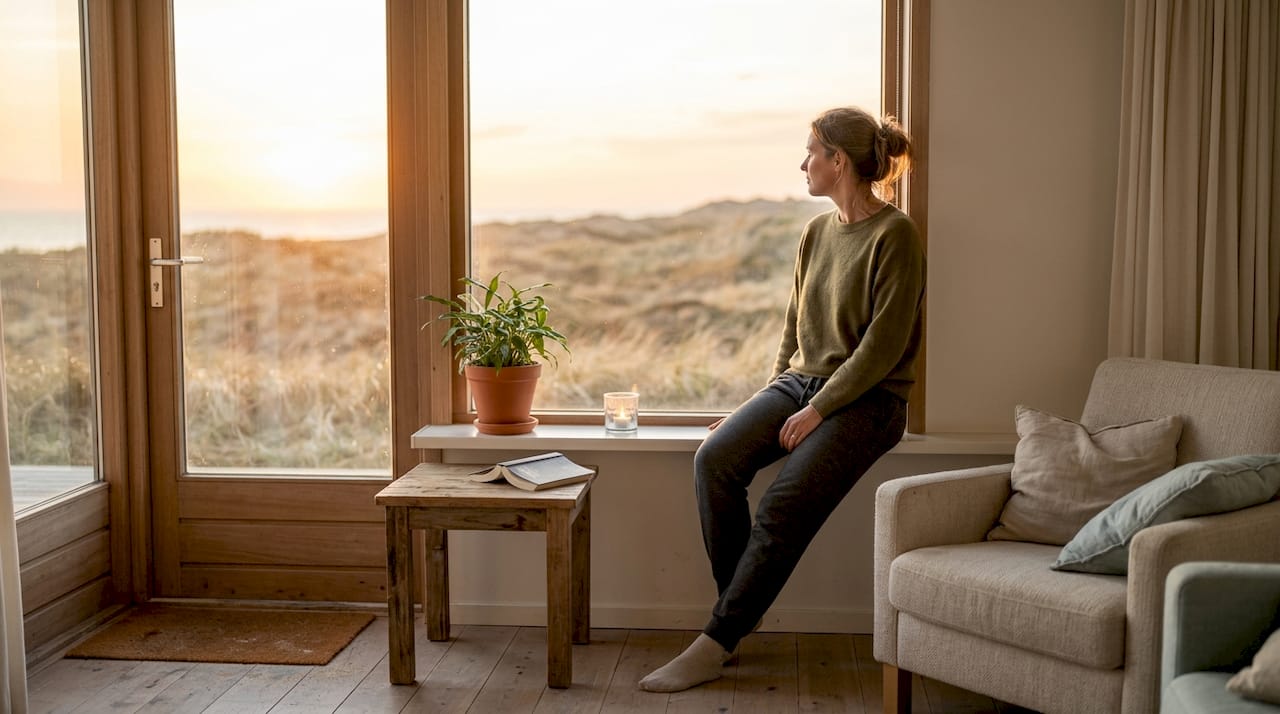 Een vrouw geniet van het uitzicht over de duinen vanuit haar prachtige villa.