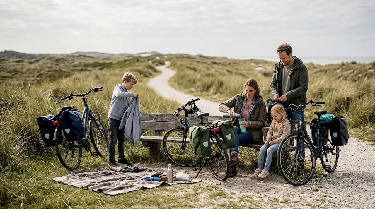 Een gezin geniet van een gezellige picknick aan het fietspad tussen de duinen op Ameland.