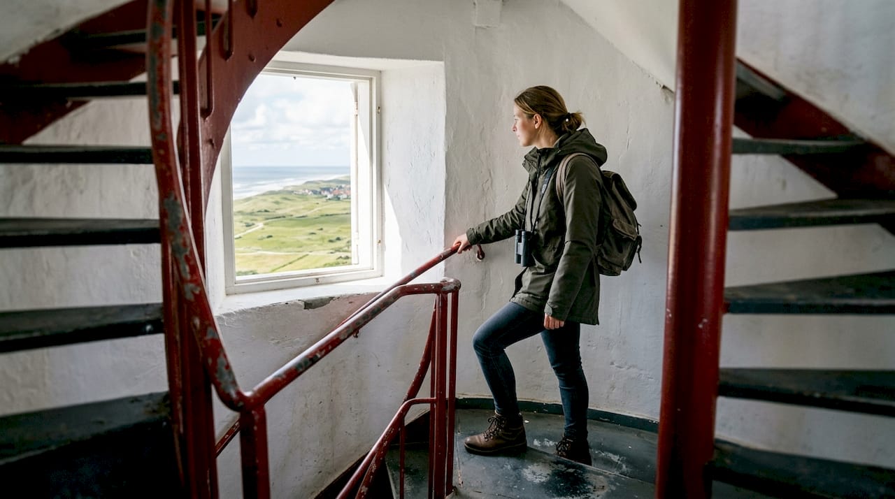 Een avontuurlijke bezoeker beklimt de trappen van de vuurtoren op Ameland.