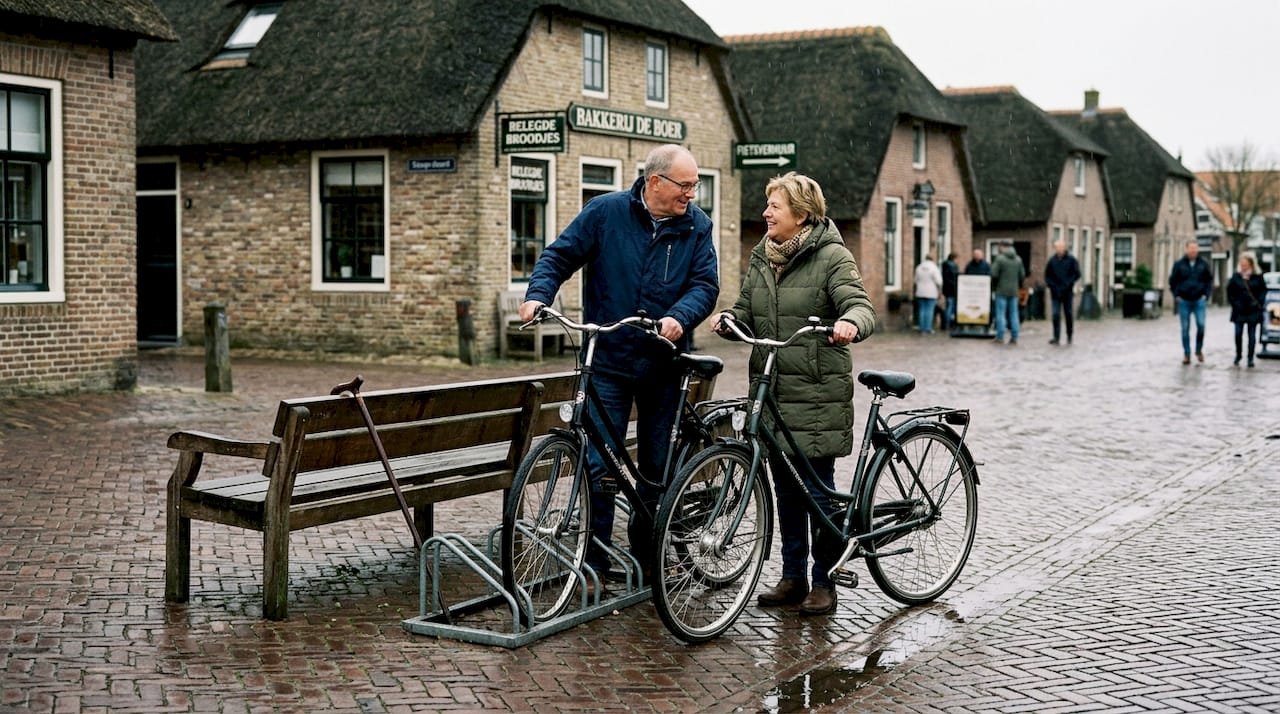 Ouderen genieten van een gezellig samenzijn op het dorpsplein, omringd door hun fietsen en handige voorzieningen.
