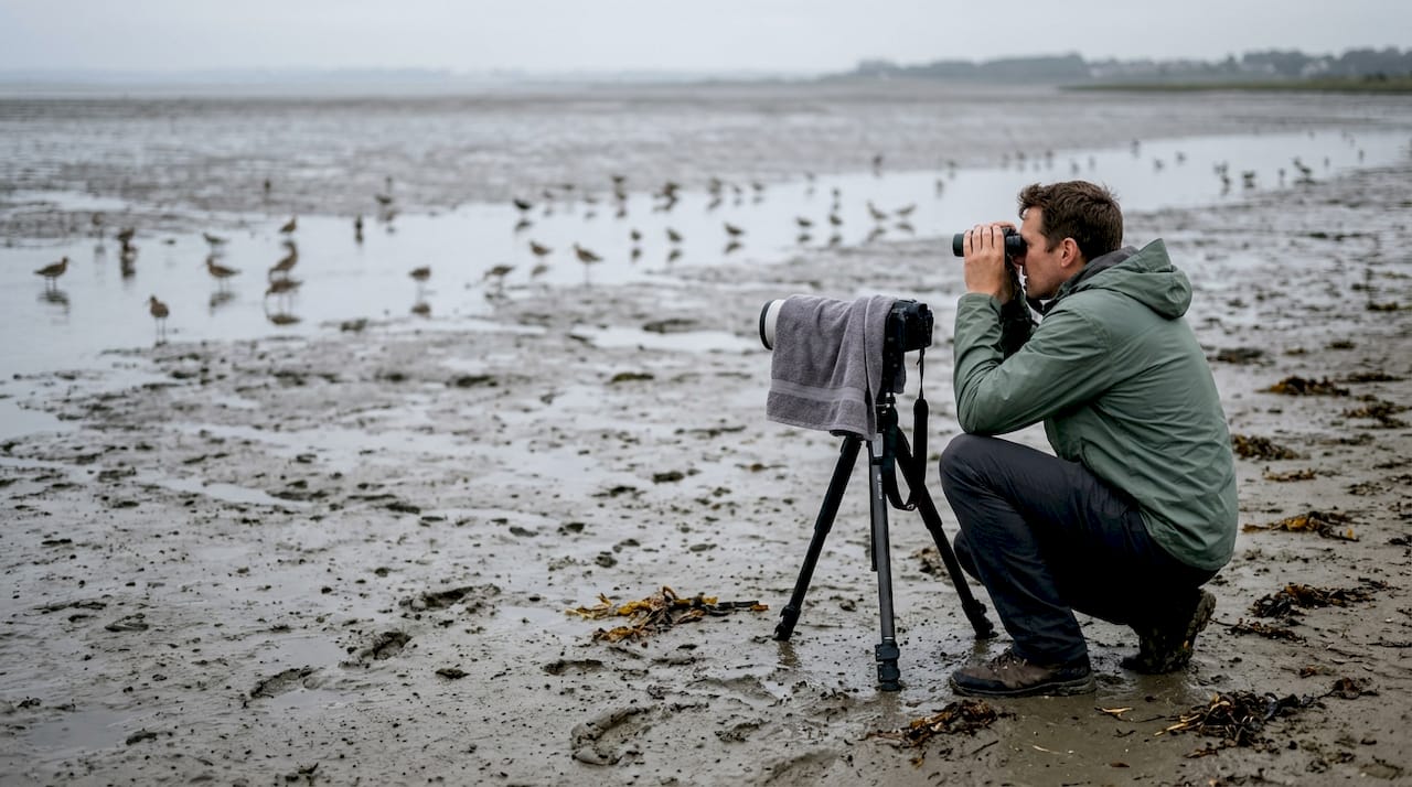 Een fotograaf legt de trek van vogels op de Wadden vast.