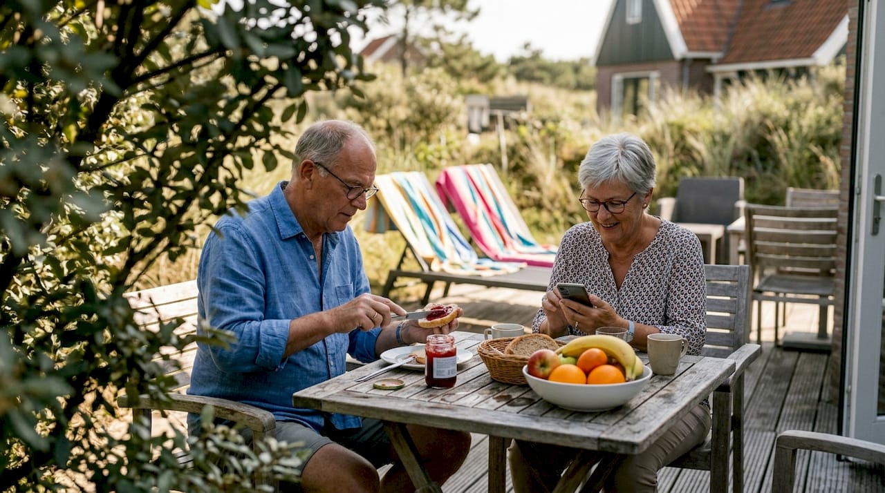 Een ouder echtpaar geniet van het ontbijt op het terras van het resort.