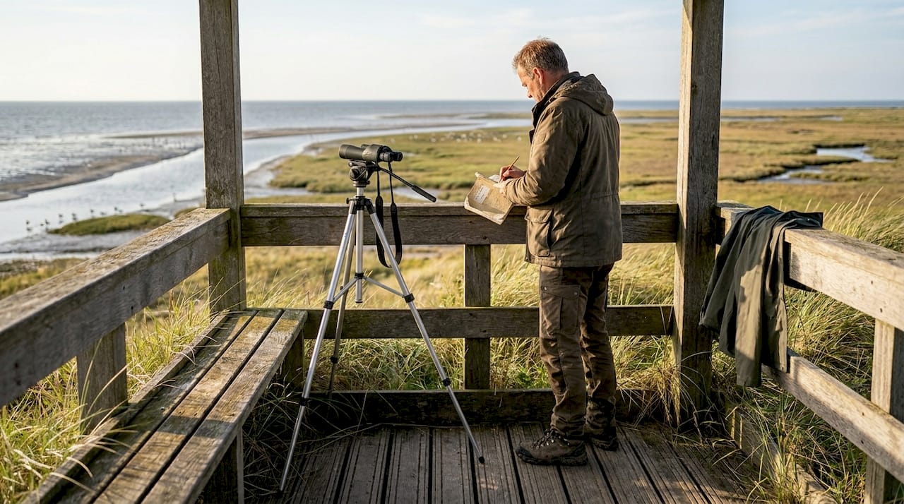 Een natuurliefhebber noteert zijn bevindingen op een uitkijkpunt in de natuur.