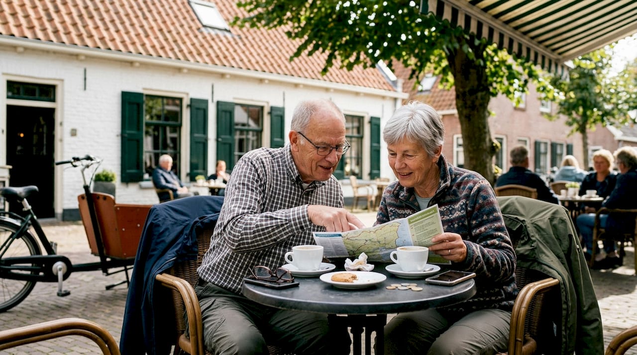 Een groep senioren komt met hun wandelkaart gezellig binnen bij het dorpscafé in Hollum.