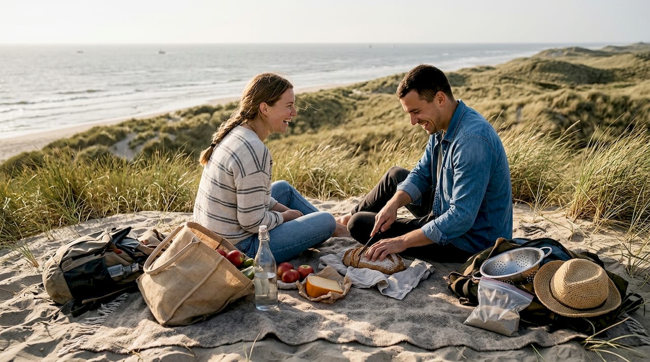 Stelletje geniet van een picknick met lokale lekkernijen aan de kust