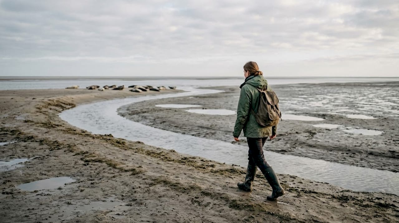 Een wandelaar geniet van de rust in het uitgestrekte waddengebied, terwijl zeehonden zich ontspannen op de zandbanken.