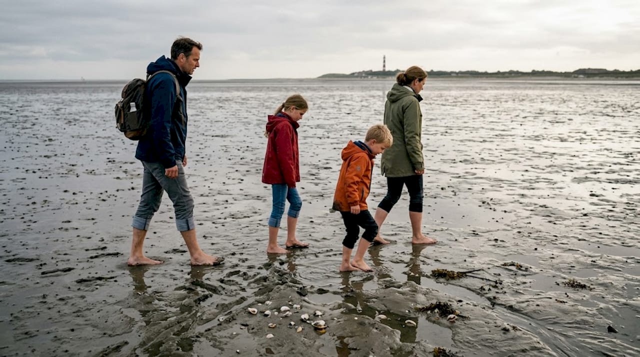 Gezin maakt een wadlooptocht op Ameland
