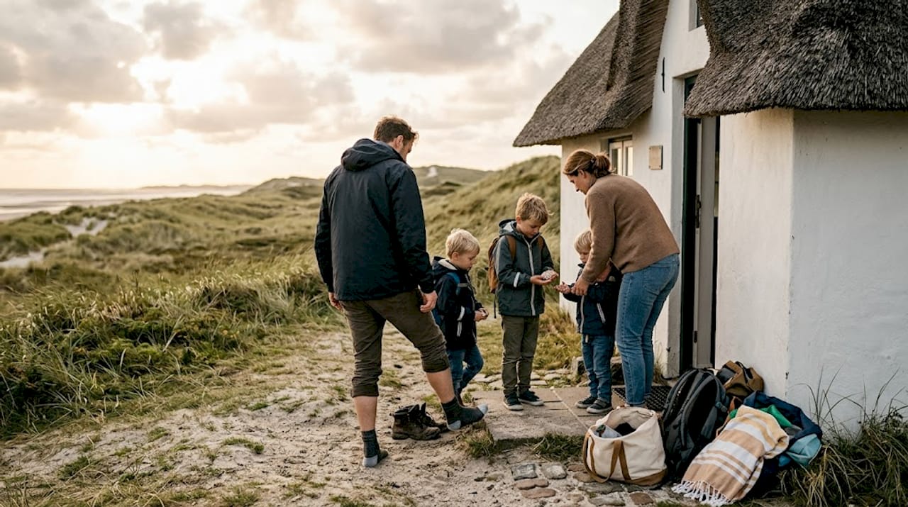 Een gezin geniet bij hun huisje aan de duinen van de Wadden, nadat ze samen een wandeling hebben gemaakt.