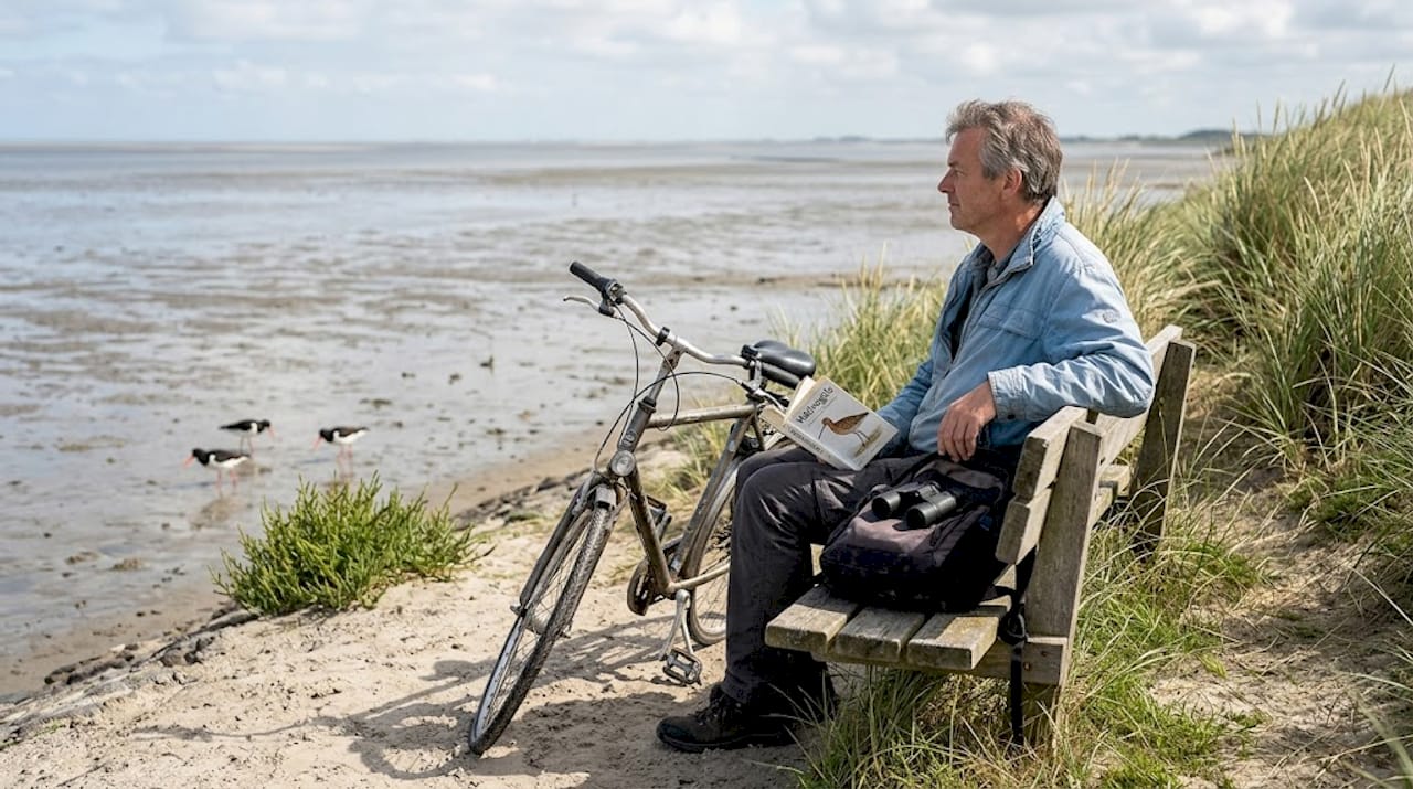 Vanaf het duinpad staart een man uit over het uitgestrekte wad.