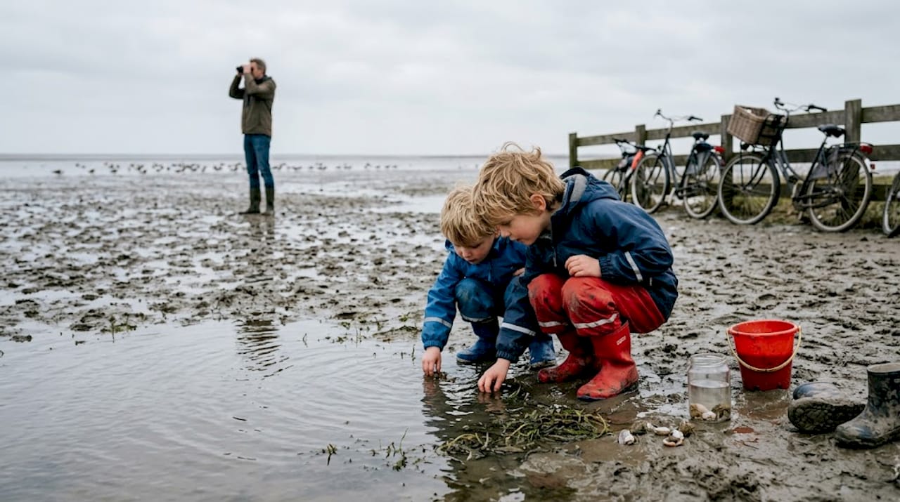Met schepnetjes en laarzen struinen kinderen enthousiast door de wadpoel, op zoek naar krabbetjes, kleine visjes en andere waterdieren.
