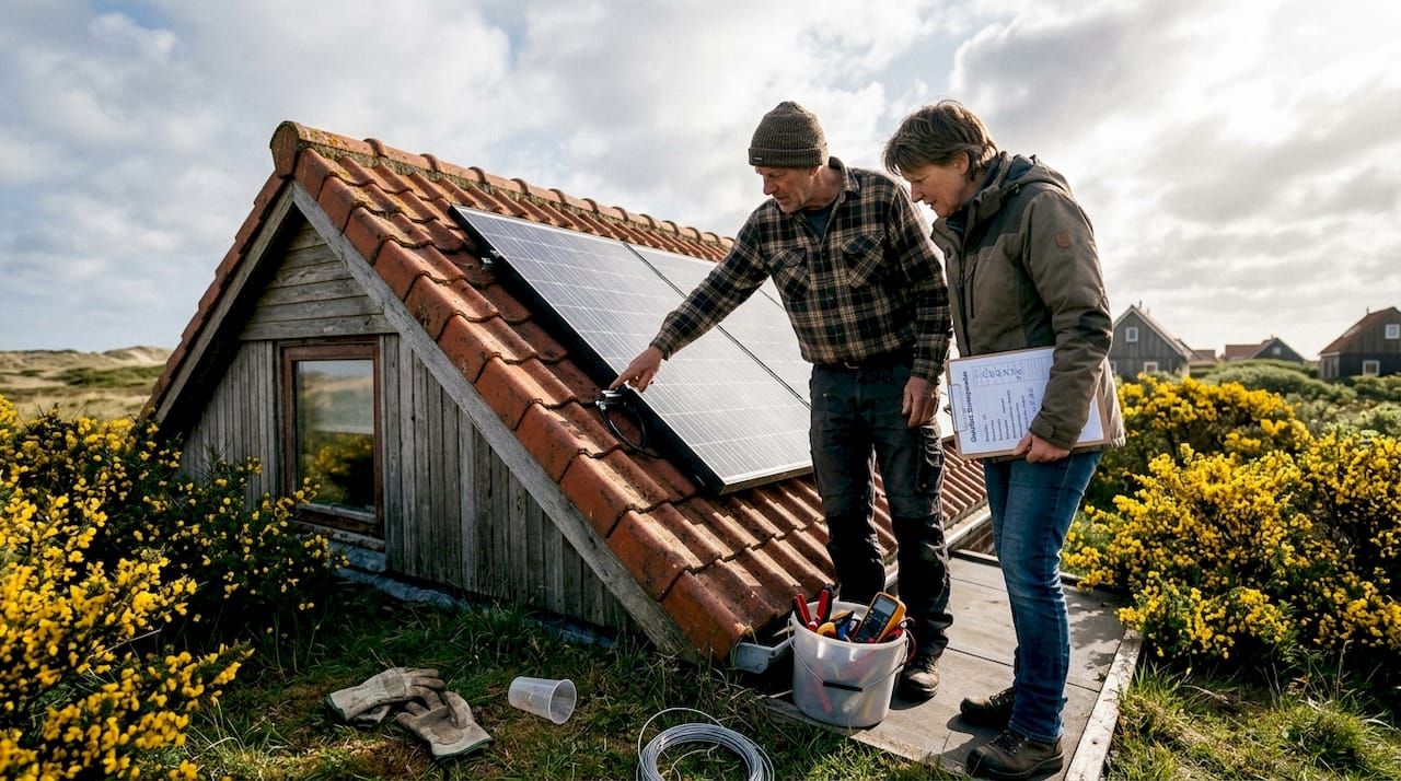 Bewoners van het eiland nemen een kijkje bij de zonnepanelen op hun vakantiehuis.