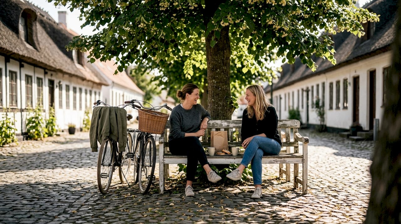 Fietsers nemen een welverdiende pauze op een rustig, autoluw eiland.