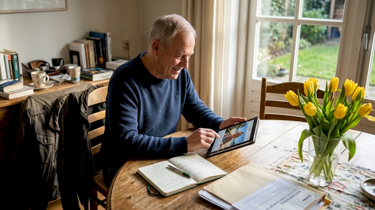 Een oudere man zit aan de keukentafel en bladert ontspannen door zijn vakantiefoto’s op de tablet.