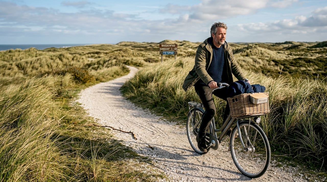 Een fietser geniet van een tocht over het schelpenpad dat zich tussen de duinen slingert.