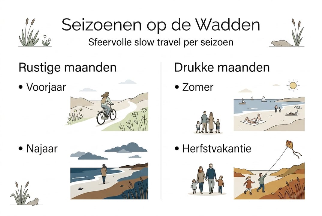 In deze infographic zie je hoe de seizoenen het ritme op de Waddeneilanden bepalen, met volop aandacht voor momenten van rust en stilte.
