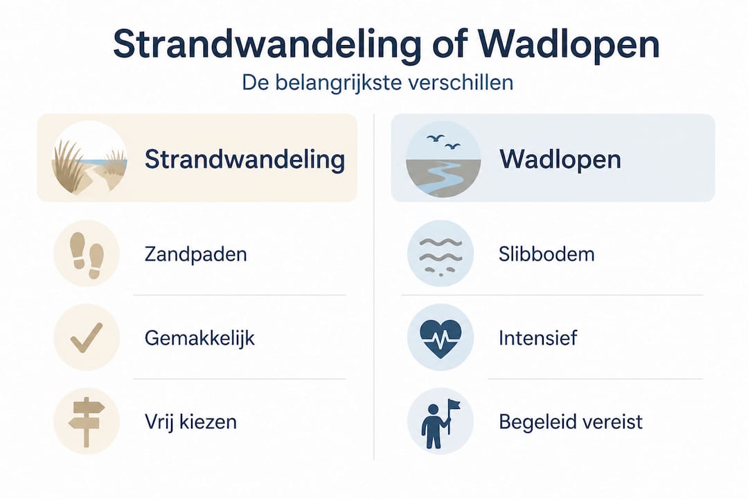 Infographic: de verschillen en overeenkomsten tussen een wandeling langs het strand en een tocht over het wad