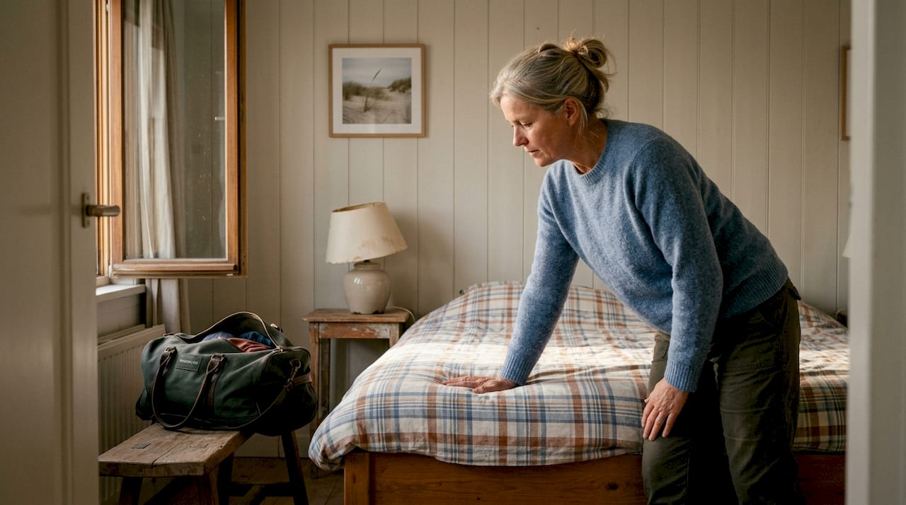 Een vrouw probeert het bed uit in een knus vakantiehuisje op de Wadden.