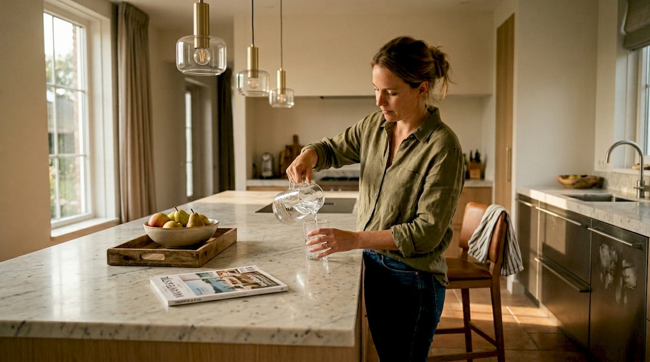 Een vrouw schenkt een glas water in haar stijlvolle keuken.