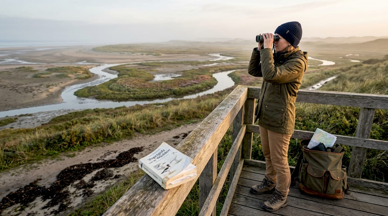 Een vogelaar tuurt uit over het bijzondere landschap van De Slufter op Texel.